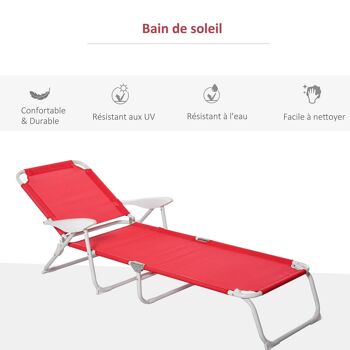 Bain de soleil pliable - transat inclinable 4 positions - chaise longue grand confort avec accoudoirs - métal époxy textilène - dim. 160L x 66l x 80H cm - rouge 4