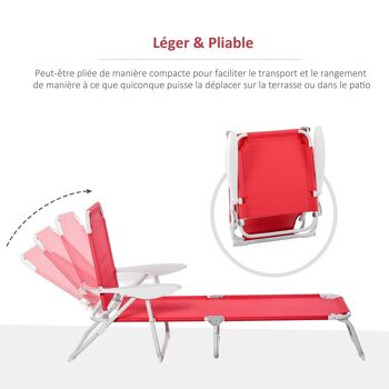 Bain de soleil pliable - transat inclinable 4 positions - chaise longue grand confort avec accoudoirs - métal époxy textilène - dim. 160L x 66l x 80H cm - rouge 5