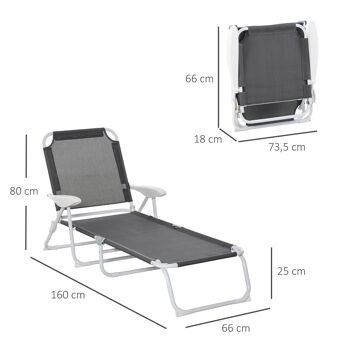 Bain de soleil pliable - transat inclinable 4 positions - chaise longue grand confort avec accoudoirs - métal époxy textilène - dim. 160L x 66l x 80H cm - gris foncé 3
