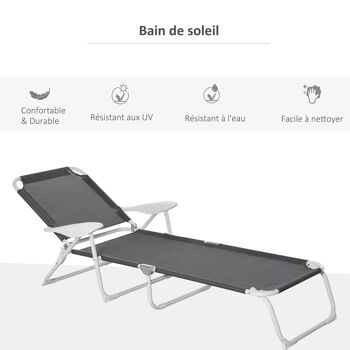 Bain de soleil pliable - transat inclinable 4 positions - chaise longue grand confort avec accoudoirs - métal époxy textilène - dim. 160L x 66l x 80H cm - gris foncé 4