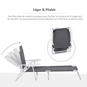 Bain de soleil pliable - transat inclinable 4 positions - chaise longue grand confort avec accoudoirs - métal époxy textilène - dim. 160L x 66l x 80H cm - gris foncé 5