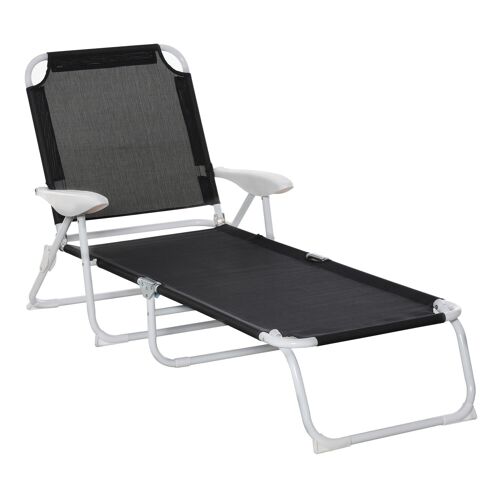 Bain de soleil pliable - transat inclinable 4 positions - chaise longue grand confort avec accoudoirs - métal époxy textilène - dim. 160L x 66l x 80H cm - noir