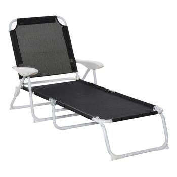 Bain de soleil pliable - transat inclinable 4 positions - chaise longue grand confort avec accoudoirs - métal époxy textilène - dim. 160L x 66l x 80H cm - noir 1
