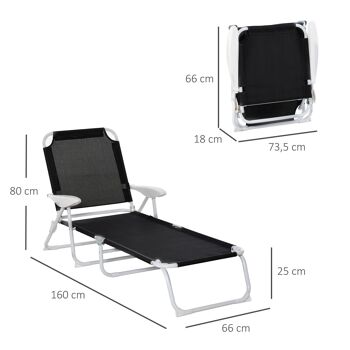 Bain de soleil pliable - transat inclinable 4 positions - chaise longue grand confort avec accoudoirs - métal époxy textilène - dim. 160L x 66l x 80H cm - noir 3