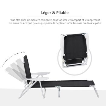 Bain de soleil pliable - transat inclinable 4 positions - chaise longue grand confort avec accoudoirs - métal époxy textilène - dim. 160L x 66l x 80H cm - noir 5