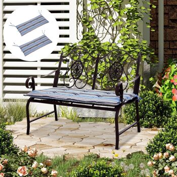 Lot de 2 coussins matelas assise pour banc de jardin balancelle canapé 2 places - cordons d'attache - dim. 120L x 50l x 5H cm - polyester gris bleu rayé 2