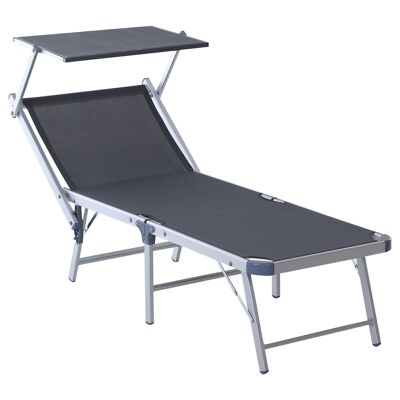 Comfortable foldable sun lounger with backrest and adjustable aluminum sun visor. gray textilene