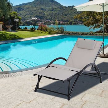 Bain de soleil transat design contemporain inclinable multi-positions repose-pied réglable tétière incluse alu textilène beige 2