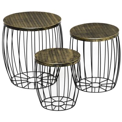 Set of 3 nesting coffee tables round side tables built-in neo-retro style black gold metal