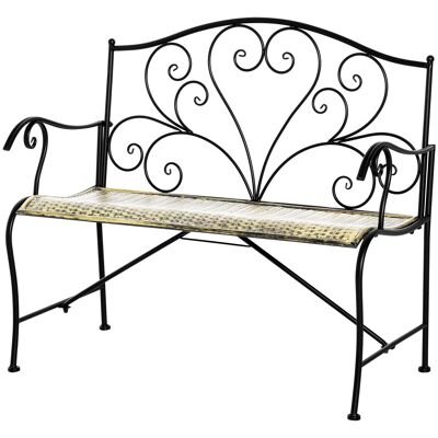 2-seater garden bench in neo-retro style wrought iron tapered lines black metal gold aged effect