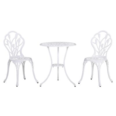Set di mobili da giardino 2 posti 2 sedie + tavolo rotondo in fusione di alluminio simil ferro battuto bianco