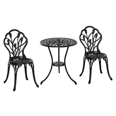 2-seater garden furniture set 2 chairs + round table cast aluminum imitation black wrought iron