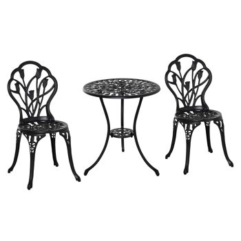 Ensemble salon de jardin 2 places 2 chaises + table ronde fonte d'aluminium imitation fer forgé noir 1