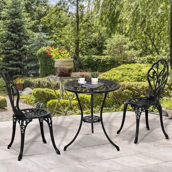 Ensemble salon de jardin 2 places 2 chaises + table ronde fonte d'aluminium imitation fer forgé noir 2
