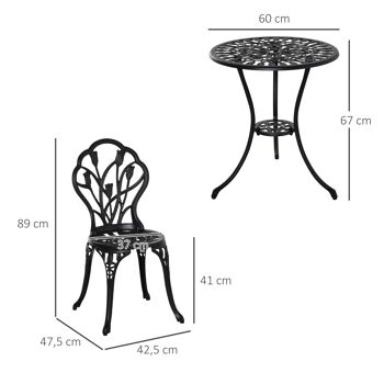 Ensemble salon de jardin 2 places 2 chaises + table ronde fonte d'aluminium imitation fer forgé noir 3