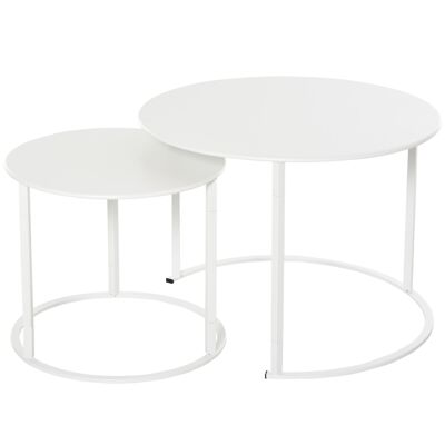 Set of 2 stackable round nesting coffee tables for garden in white epoxy metal