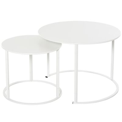 Lot de 2 tables basses rondes gigognes empilables de jardin métal époxy blanc