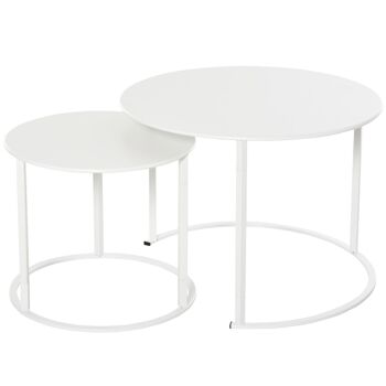 Lot de 2 tables basses rondes gigognes empilables de jardin métal époxy blanc 1