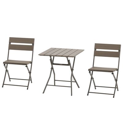 Conjunto bistró de jardín plegable de 3 piezas de diseño contemporáneo, mesa cuadrada y 2 sillas con listones de metal epoxi PE aspecto madera