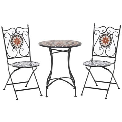 Bistro set 2 places 3 pieces wrought iron style ceramic mosaic wind rose pattern foldable chairs black epoxy metal