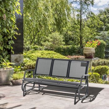 Banc à bascule de jardin 3 places design contemporain grand confort accoudoirs assise et dossier ergonomique acier textilène noir 2