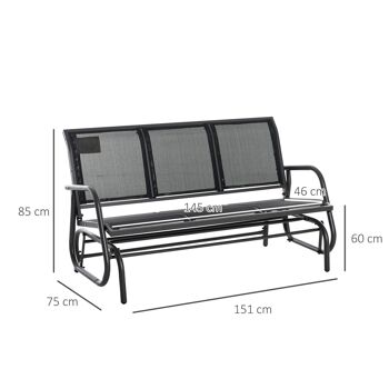 Banc à bascule de jardin 3 places design contemporain grand confort accoudoirs assise et dossier ergonomique acier textilène noir 3