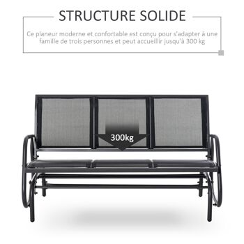 Banc à bascule de jardin 3 places design contemporain grand confort accoudoirs assise et dossier ergonomique acier textilène noir 5