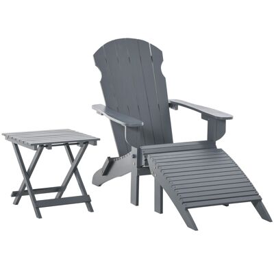 Foldable Adirondack garden armchair with footrest and gray treated spruce wood coffee table