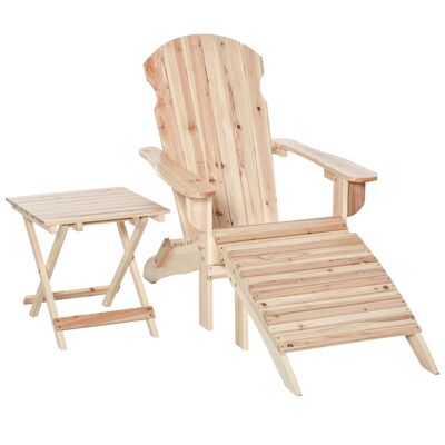 Foldable Adirondack garden armchair with footrest and natural treated fir wood coffee table