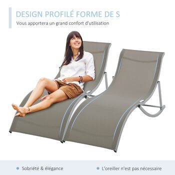 Lot de 2 bains de soleil pliables design contemporain - lot de 2 transats ergonomiques - alu. textilène gris clair 4