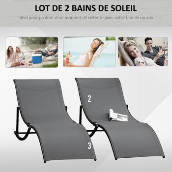 Lot de 2 bains de soleil pliables design contemporain - lot de 2 transats ergonomiques - alu. textilène anthracite 4