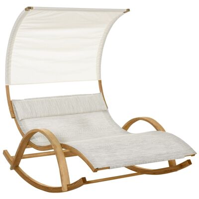 Designer rocking deckchair sun lounger 2 pers. headrest & sun visor included pre-oiled pine wood mottled cream textilene