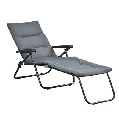 Bain de soleil pliable transat inclinable 6 positions grand confort avec matelas + accoudoirs acier polyester gris