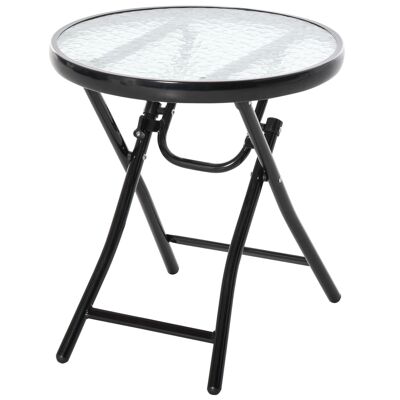 Round garden bistro coffee table Ø 45 x 50H cm foldable black epoxy metal tempered glass top