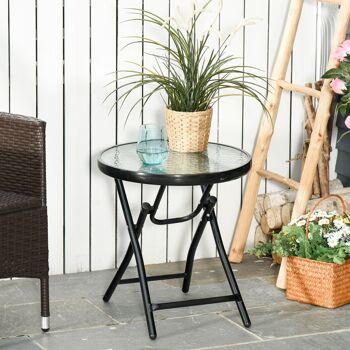 Table basse ronde bistro de jardin Ø 45 x 50H cm pliable métal époxy noir plateau verre trempé 2