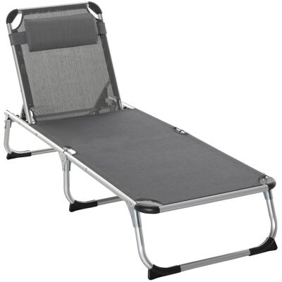 Klappbarer Liegestuhl mit hohem Komfort und Sonnenliege. In mehreren Positionen verstellbare Rückenlehne. Kopfstütze aus Aluminium. graues Textilene