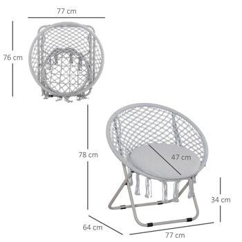 Loveuse fauteuil rond de jardin fauteuil lune papasan pliable grand confort macramé coton polyester gris 3