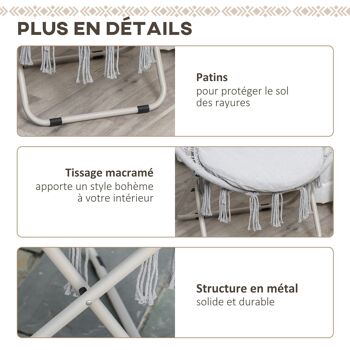 Loveuse fauteuil rond de jardin fauteuil lune papasan pliable grand confort macramé coton polyester gris 5