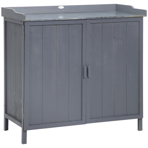 Armoire de rangement de jardin sur pied, table de rempotage 2 en 1 double porte, étagère, plateau métal galvanisé - bois sapin gris