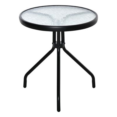 Mesita bistró de jardín redonda Ø 50 x 55H cm base trípode de metal epoxi negro tapa de cristal templado