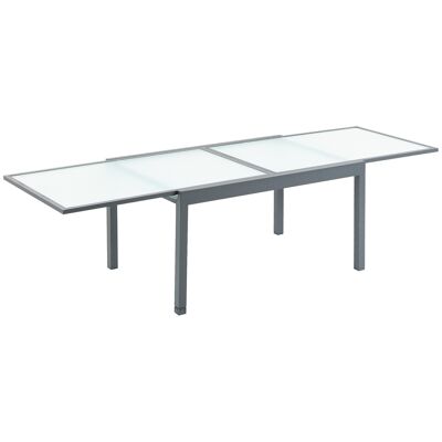 Großer ausziehbarer Gartentisch mit den Maßen ausgeklappt: 270 L x 90 B x 73 H cm mit Aluminiumrahmen. Platte aus mattiertem gehärtetem Glas