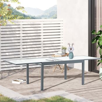 Table extensible de jardin grande taille dim. dépliées 270L x 90l x 73H cm piètement châssis alu. plateau verre trempé dépoli 2