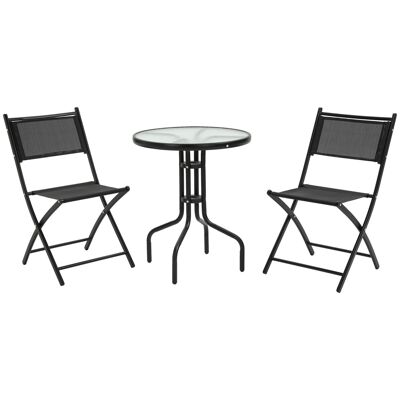 Muebles de jardín Bistro 2 sillas plegables - mesa redonda de Ø60 x 70H cm - tapa de vidrio templado en metal epoxi textileno negro