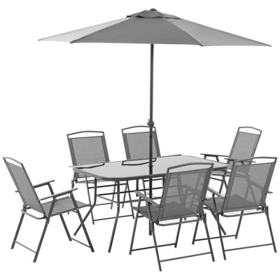 8-piece 6-seater garden furniture set - parasol, table, 6 folding chairs - gray polyester textilene epoxy metal