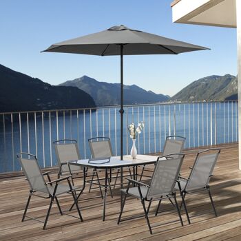Ensemble salon de jardin 6 places 8 pièces - parasol, table, 6 chaises pliantes - métal époxy textilène polyester gris 2