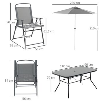 Ensemble salon de jardin 6 places 8 pièces - parasol, table, 6 chaises pliantes - métal époxy textilène polyester gris 3