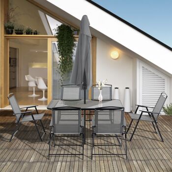 Ensemble salon de jardin 6 places 8 pièces - parasol, table, 6 chaises pliantes - métal époxy textilène polyester gris 4