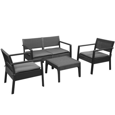 4-seater garden furniture set, 4-piece design, yachting style, removable cushions included, coffee table, epoxy metal, anthracite braided resin