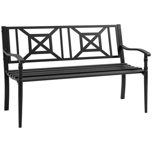 Banc de jardin 2 places style fer forgé dim. 128L x 62.5l x 81.5H cm piètement avant effilé accoudoirs courbés métal thermolaqué anticorrosion noir