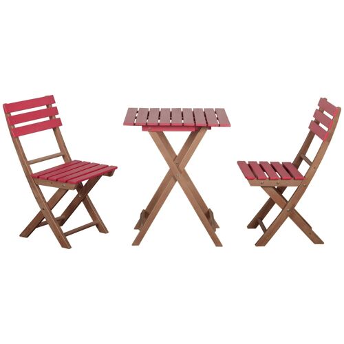 Ensemble bistro de jardin 3 pièces pliantes style colonial 2 chaises + table bois pin pré-huilé peint rouge